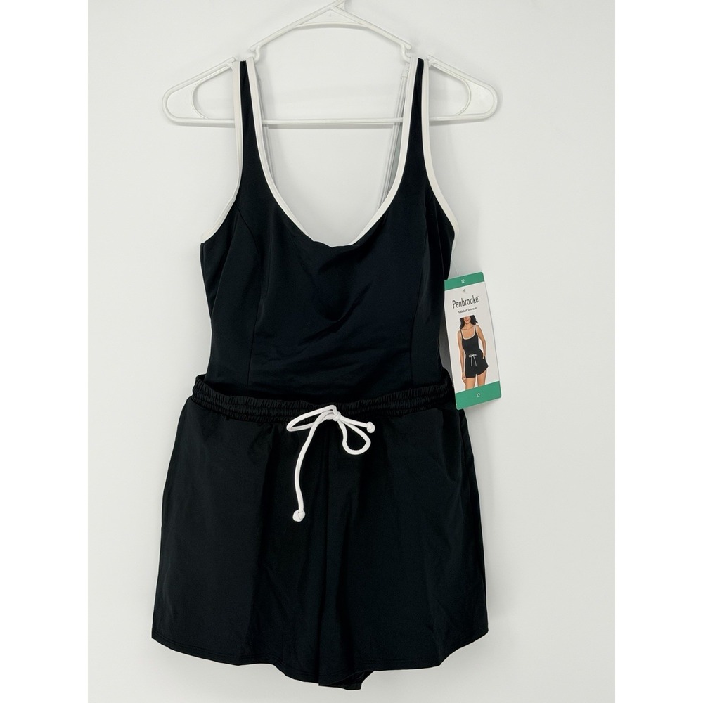 NWT Penbrooke Swim Romper Built In Shorts  12 Black Pickleball Modest Swimsuit
